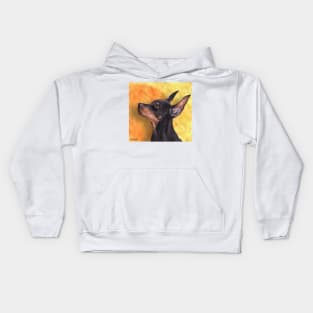 Painting of a Cute Doberman Pinscher on Orange Background Kids Hoodie